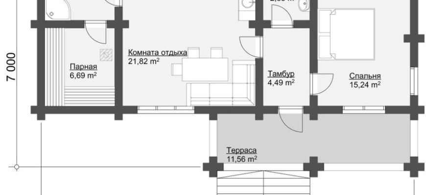 Проект бани с комнатой отдыха и туалетом и кухней и спальней